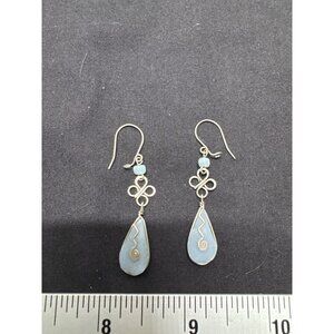 Blue Teardrop Natural GemStone Dangle Earrings Spiral Pattern Wire Accents Detai